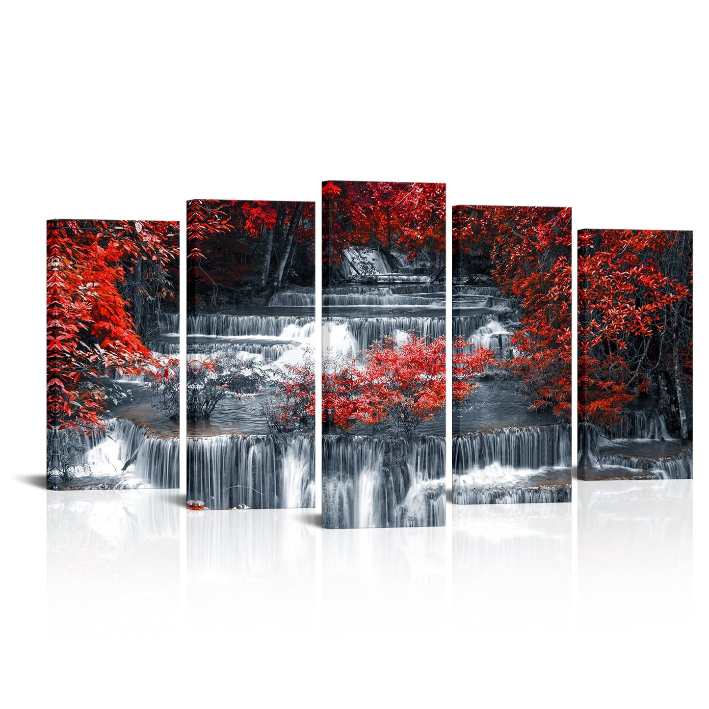 5 Pieces Large Black and Red Canvas Wall Art – Waterfall Landscape (Art Deco)