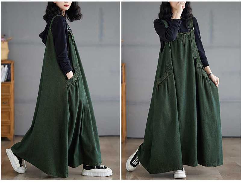 Boho Jumper Dress for Women Loose Overall Pinafore Dresses Adjustable Straps Wide Hemline with Pockets Baggy Style