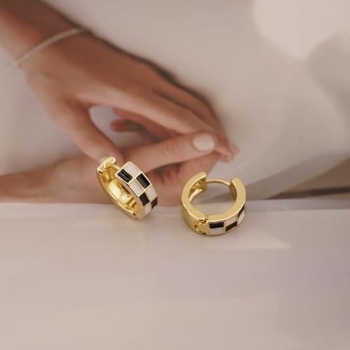 Checker Cartilage Hoops Teacher Earrings for Women White Black Enamel Gold