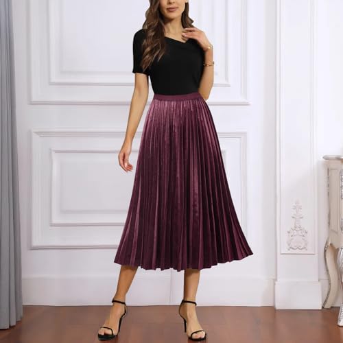 Women's Pleated High Waist Flowy Midi Skirt Velvet