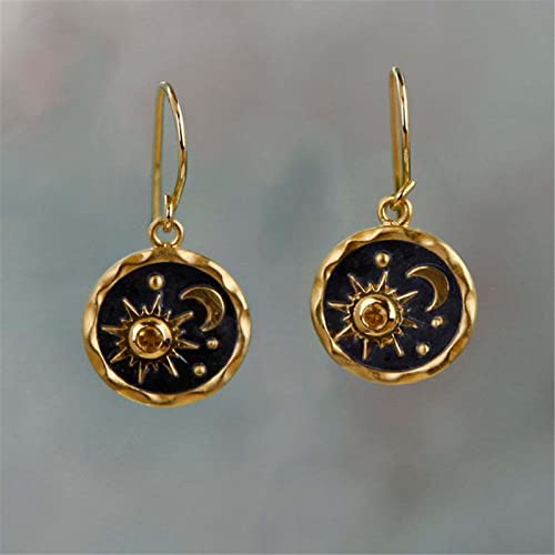 MALOYANVE Vintage Sun and Moon Drop Dangle Earrings for Women Unique lightweight Handmade Retro Boho Antiqued Gold Silver Round Coin Earrings for