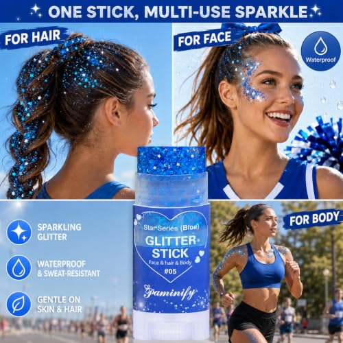 Blue Hair Glitter Stick,Royal Blue Face Glitter Stick,Blue School Spirit Day Accessories,Waterproof Singer Concert Halloween Chunky Sequins Makeup,Cheer Glitter for Football Sports Game Day