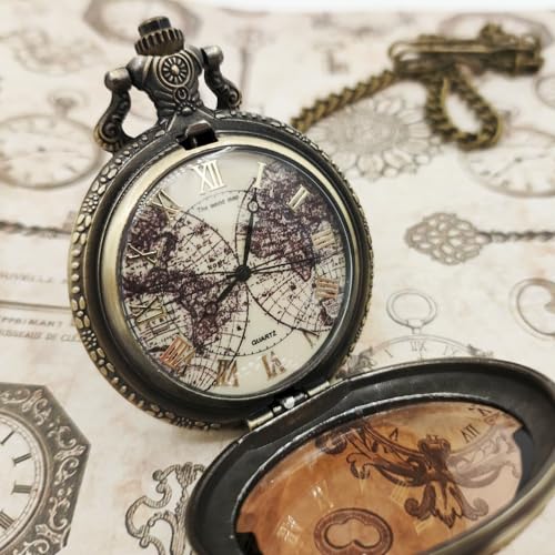 Tea Colored Glass Double Earth Pattern Pocket Watch, Unisex Casual Qua