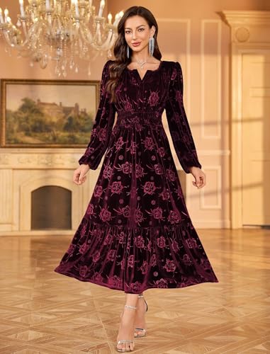 ZAFUL Womens Velvet Dress Long Sleeve Maxi Dresses Floral Smocked Waist Secondary image