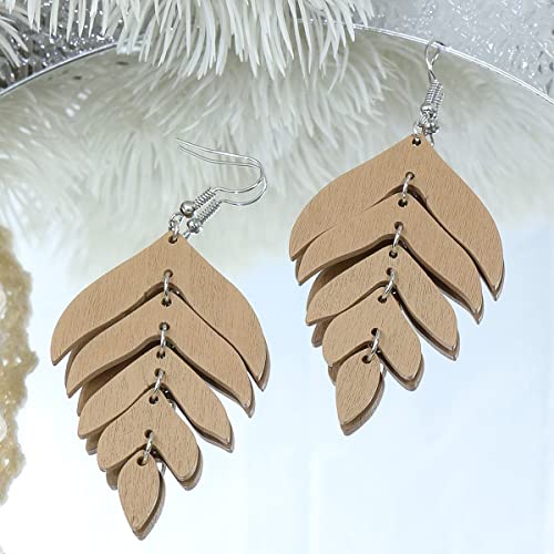 Wooden Palm Leaf Drop Dangle Earrings