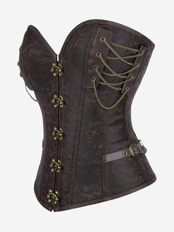 Gothic Steampunk Corset Punk Chain Buckle Retro Masquerade Costume Bustier Top For Women, Brown, Halloween Cosplay