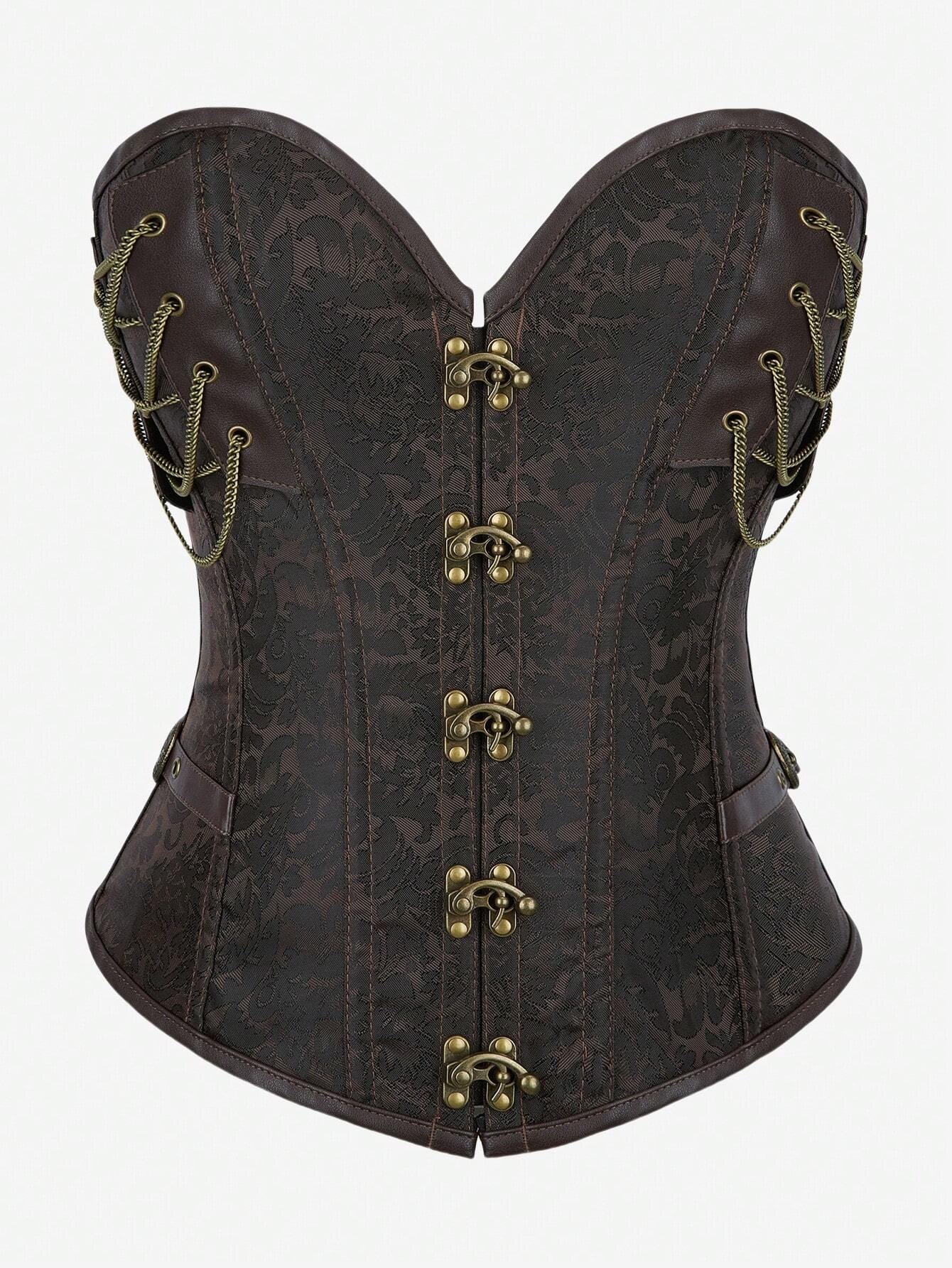 Gothic Steampunk Corset Punk Chain Buckle Retro Masquerade Costume Bustier Top For Women, Brown, Halloween Cosplay