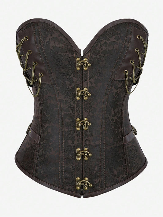 Gothic Steampunk Corset Punk Chain Buckle Retro Masquerade Costume Bustier Top For Women, Brown, Halloween Cosplay