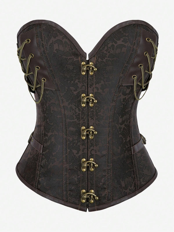 Gothic Steampunk Corset Punk Chain Buckle Retro Masquerade Costume Bustier Top For Women, Brown, Halloween Cosplay