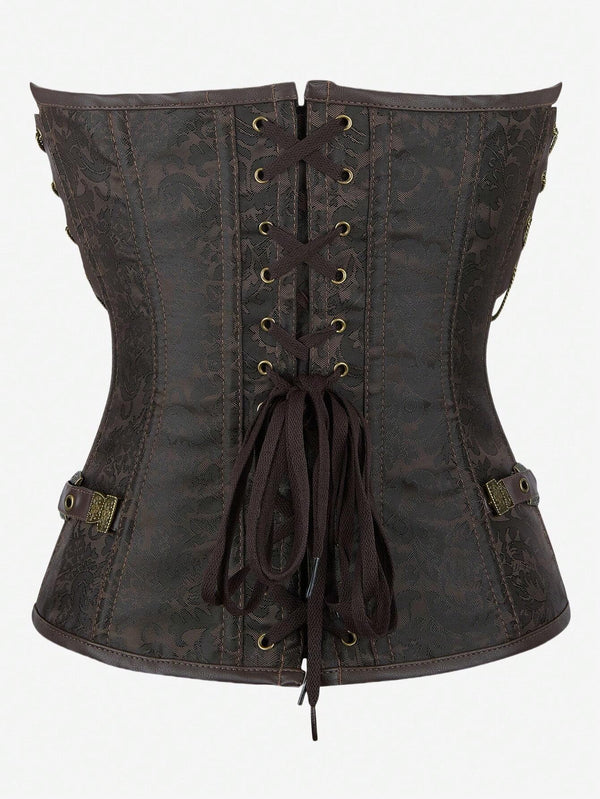 Gothic Steampunk Corset Punk Chain Buckle Retro Masquerade Costume Bustier Top For Women, Brown, Halloween Cosplay