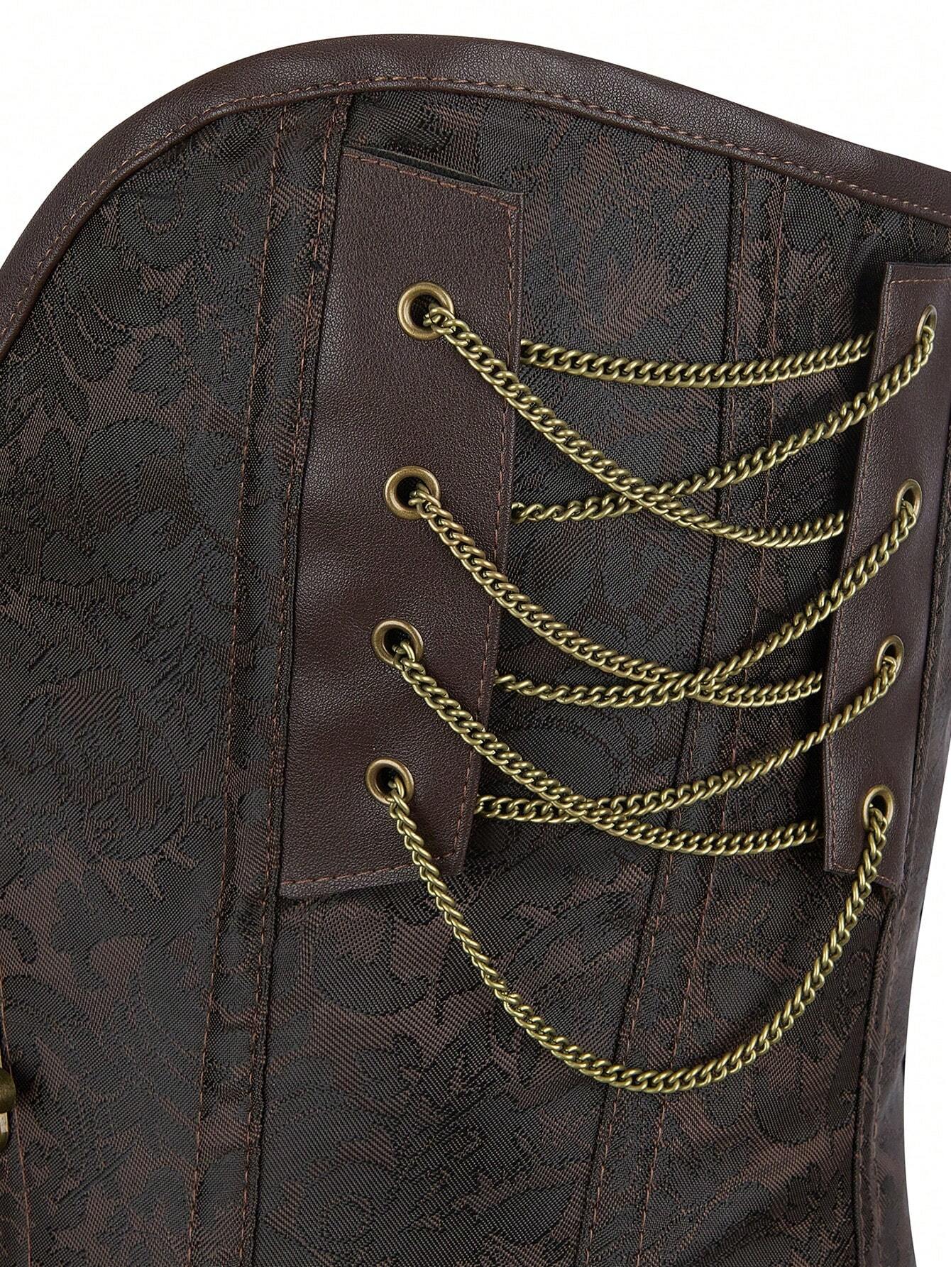 Gothic Steampunk Corset Punk Chain Buckle Retro Masquerade Costume Bustier Top For Women, Brown, Halloween Cosplay