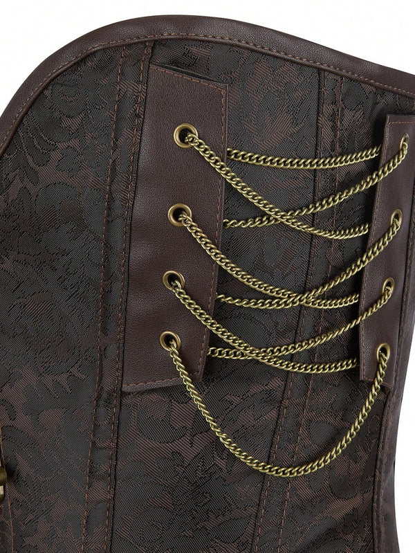 Gothic Steampunk Corset Punk Chain Buckle Retro Masquerade Costume Bustier Top For Women, Brown, Halloween Cosplay
