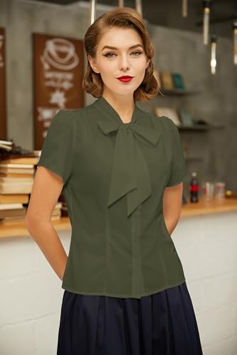 Belle Poque Women Dressy Casual Top Bow Tie Button Down Short Sleeve Blouse