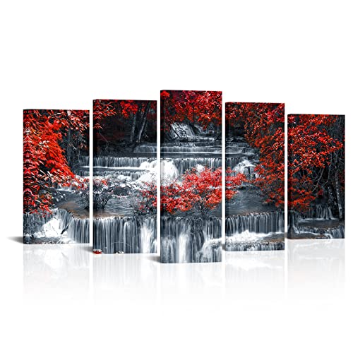 5 Pieces Large Black and Red Canvas Wall Art – Waterfall Landscape (Art Deco)