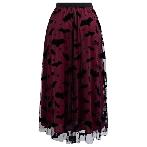 CHICWISH Women's Pumpkin Tulle Tutu Skirt Velvet Bats Elastic Waist Halloween Party Layered Mesh Midi Skirt Halloween Costume