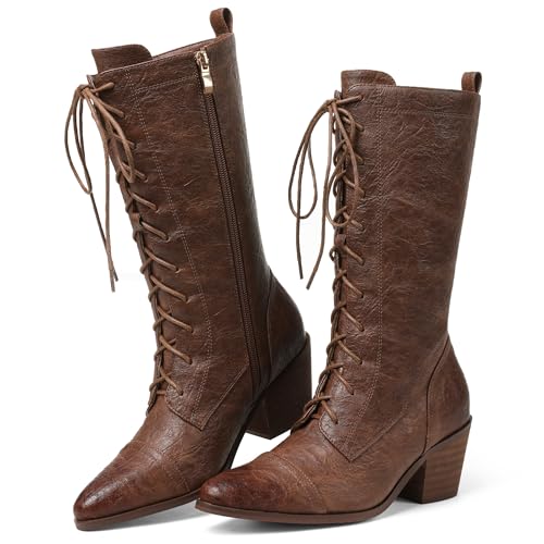 SaraIris Women's Black Mid Calf Boots Lace Up Chunky Heel Vintage Combat Heeled Dress Casual Boots