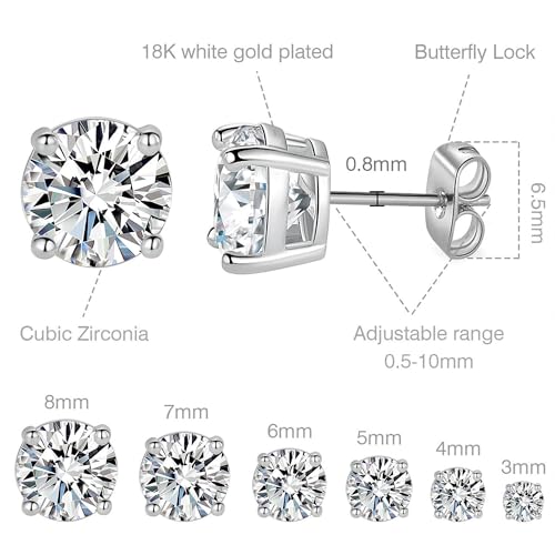 18K White Gold Plated Round Cubic Zirconia Stud Earrings Pack, 6 Pairs
