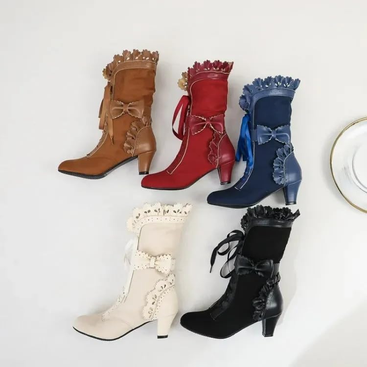 Women Victorian Boots Chunky Heels Lace up Cute Bow Knot Cosplay Costumes Witch Medieval Renaissance Mid-Calf Goth Boots Vintage Gothic Character Dance Kawaii Lolita Shoes