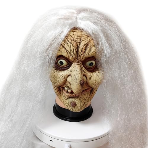 Old Lady Witch Latex Mask with White Hair – Realistic Halloween Costume Mask for Masquerade Party, Warty Nose & Chin Mole