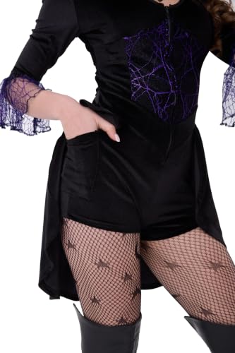 Womens Witch Costume Dress, Black Velour Bodysuit with Hat & Fishnet Tights