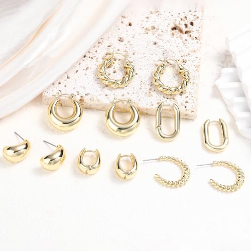 6 Pairs 14K Gold Plated Hoop Earrings for Women Lightweight Chunky Hoop Earrings Multipack Hypoallergenic, Thick Open Twisted Huggie Hoops Earring