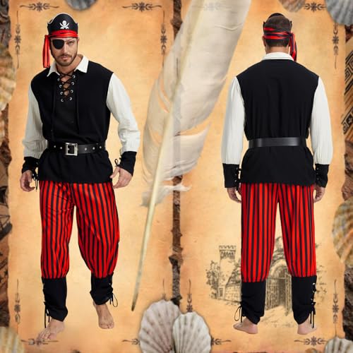 6PCS Mens Pirate Costume Adult with Accessories for Themed Parties