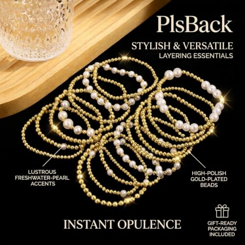 Gold Plated Bead & Pearl Bracelets for Women, 16PC Stackable Stretch Set