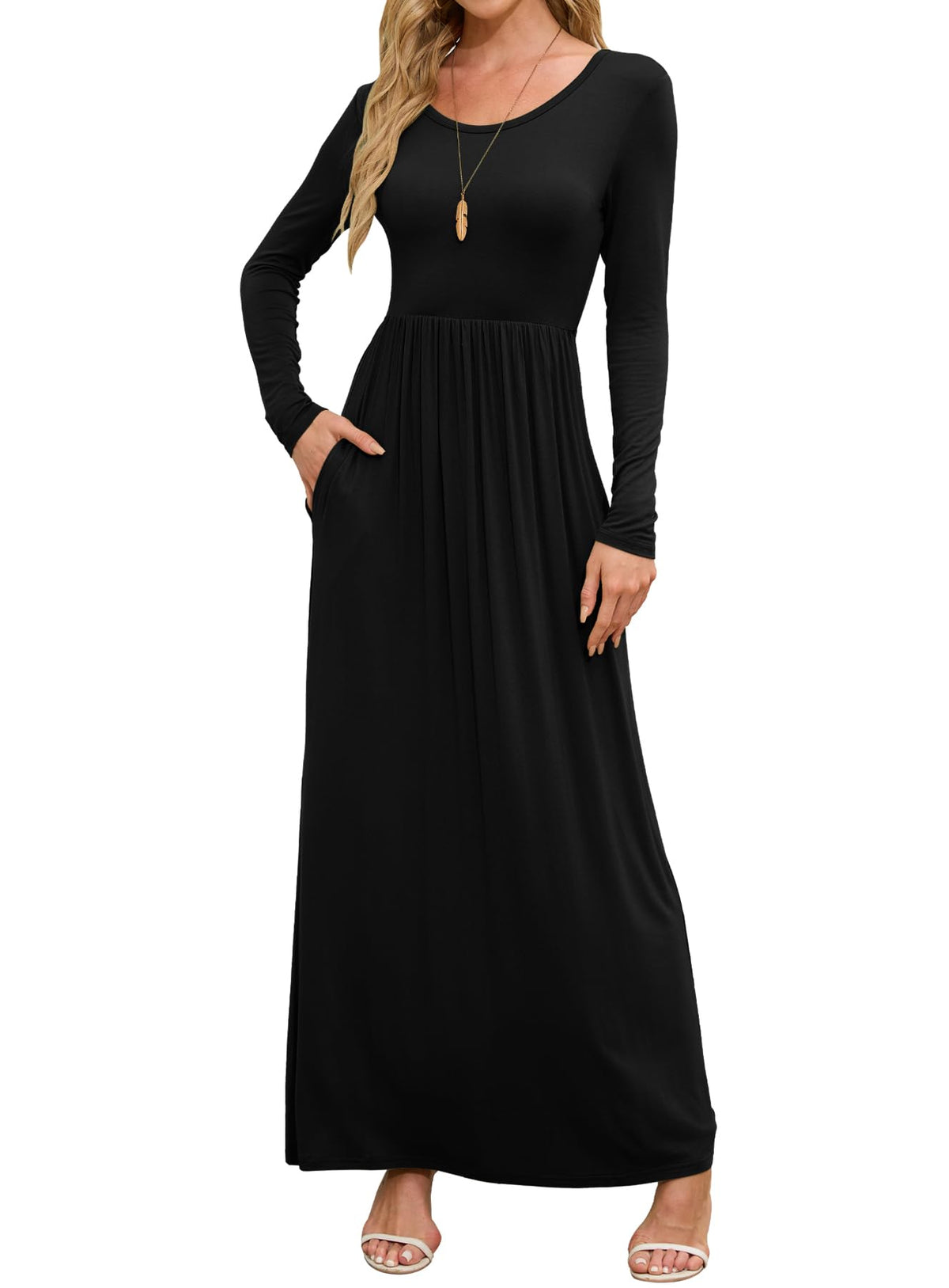 DEARCASE Women's Maxi Dress Long Sleeve Crewneck Empire Waist Long Dresses