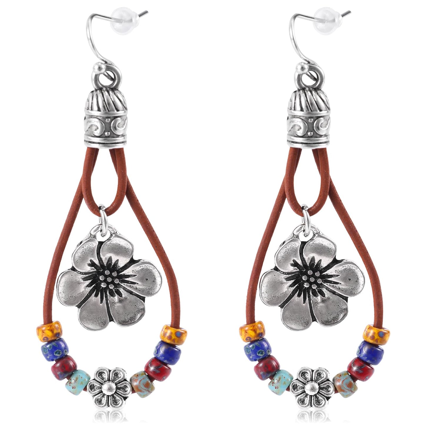Western Leather Flower Dangle Earrings with Natural Stones
