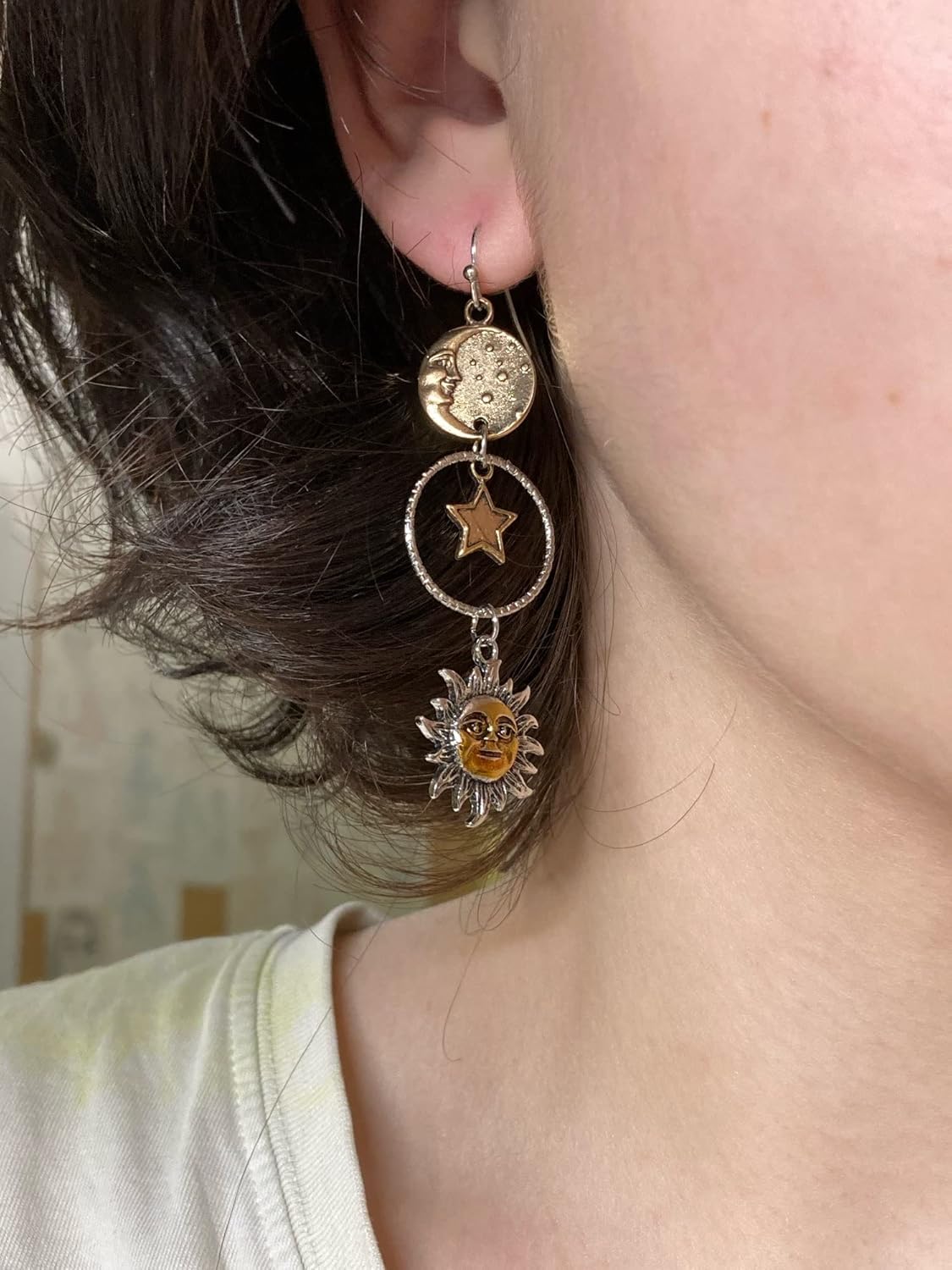Vintage Sun Moon Star Asymmetric Drop Earrings
