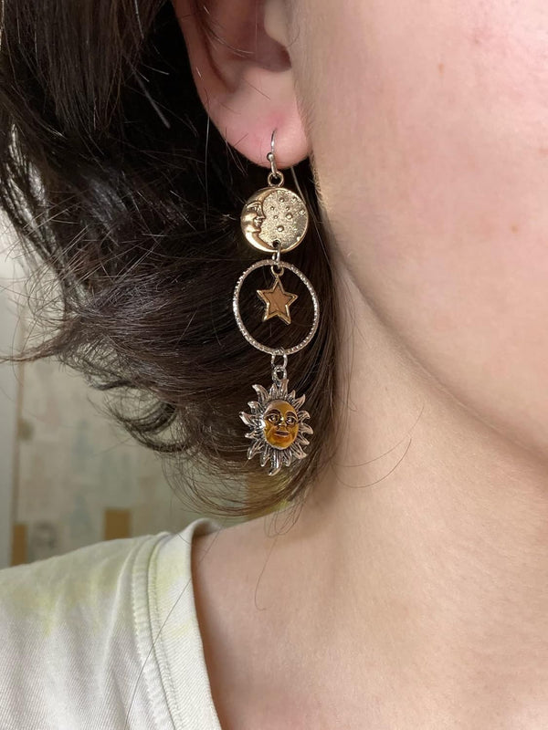 Vintage Sun Moon Star Asymmetric Drop Earrings