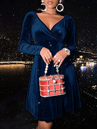 Womens Wrap V Neck Long Sleeve Velvet Glitter A Line Cocktail Party Swing Fit and Flare Skater Mini Dress