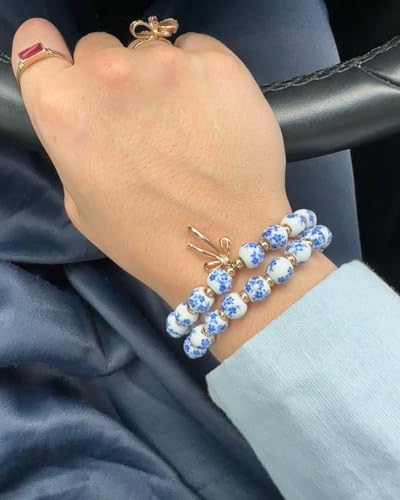 Beaded Bracelets for Women,Bow Charm Blue Flower Gold Plated Jewelry Women