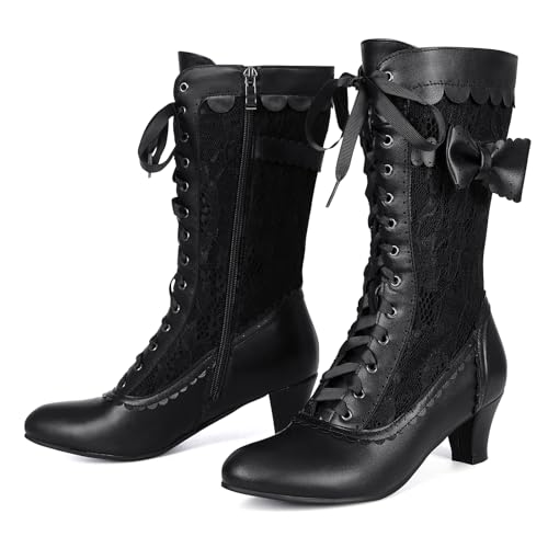 Women Vintage Victorian Boots Lace Mid Calf Granny Boots Zipper Costume Renaissance Shoes Mid Heel Wedding Dress Boots with Bows