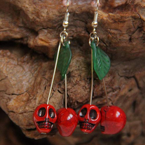 Handmade Gothic Red Skull Cherry Dangle Earrings 2.2 inches Medium Halloween Pinup Quirky Funky Earrings