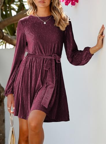 Happy Sailed Women's Velvet Dress Lantern Sleeve High Waist A-Line Skater Cocktail Party Dresses with Belt Business wear