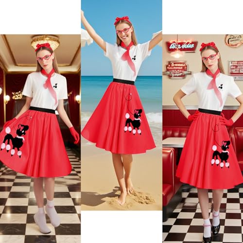 1950s Poodle Skirt Costume 8Pcs Vintage Sock Hop Outfit with T-Shirt, Scarf for Halloween, Retro Parties, Cosplay