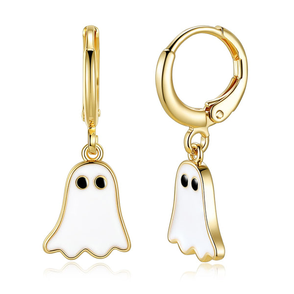 Halloween Ghost Earrings for Women – Spooky Cute 14K Gold Plated Hoop Dangle Jewelry, Fun Halloween Accessories Gifts