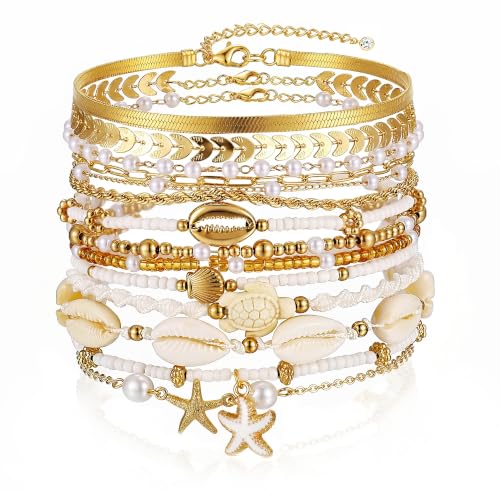 Boho Gold Beaded Bracelets for Women, Stackable Bracelets
