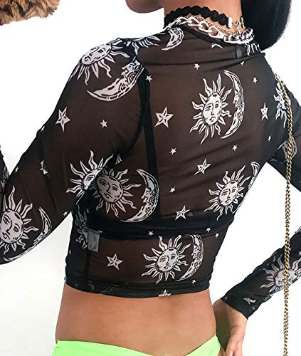 MIZOK Women's Long Sleeve See Through Shirts Angel Print Sexy Sheer Mesh Crop Tops