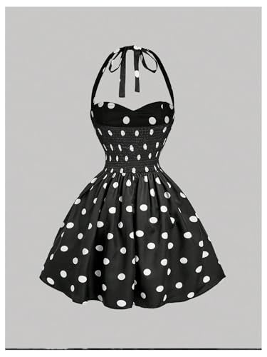 Women's Vintage 1950s Halter Neck Rockability Swing Dress Smocked Fit and Flare Sundress