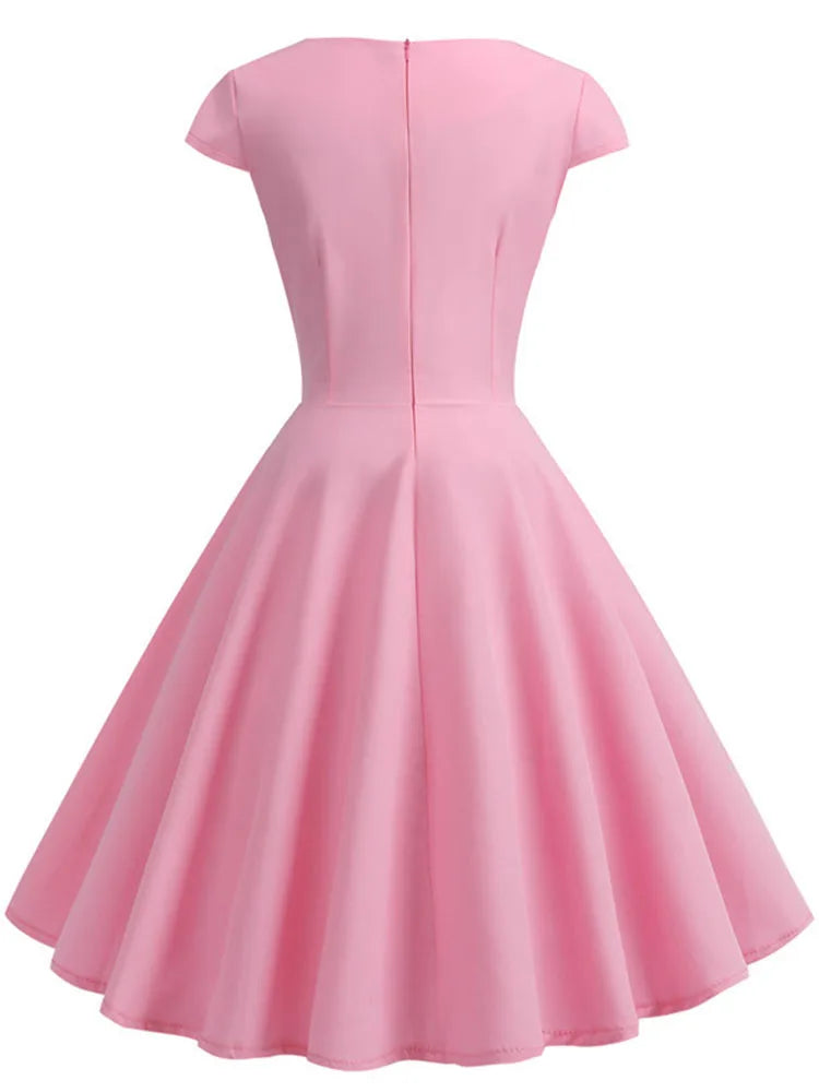 Pink Summer Dress V Neck Robe pin up Party Office Midi Dresses Secondary image