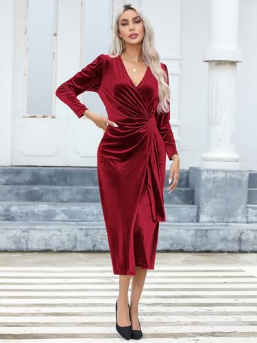 R.Vivimos Women's Velvet Wrap Fall Winter Elegant Midi Dress