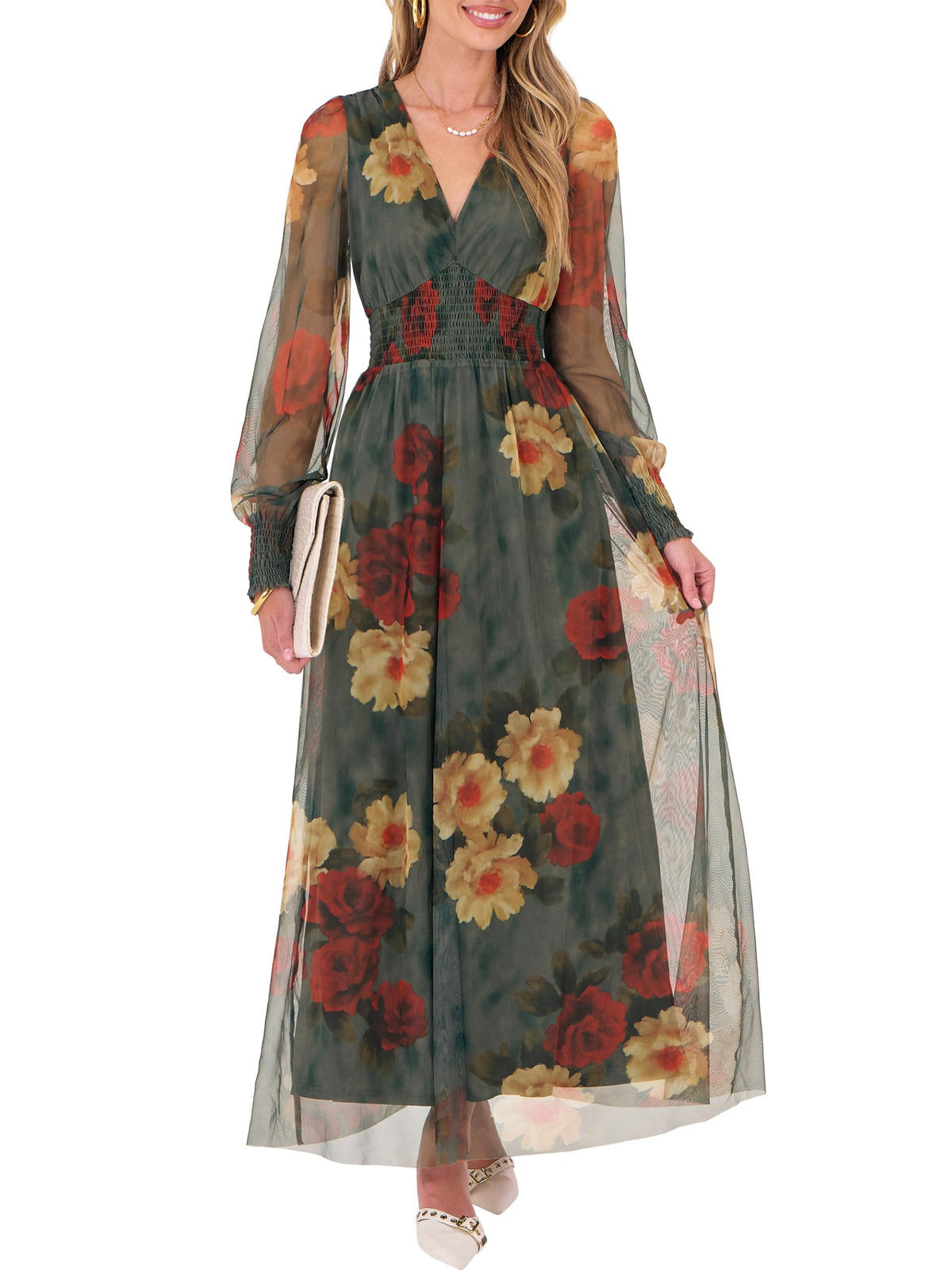 ANRABESS Women's Fall Wedding Guest Tulle Floral Long Sleeve Maxi Dress