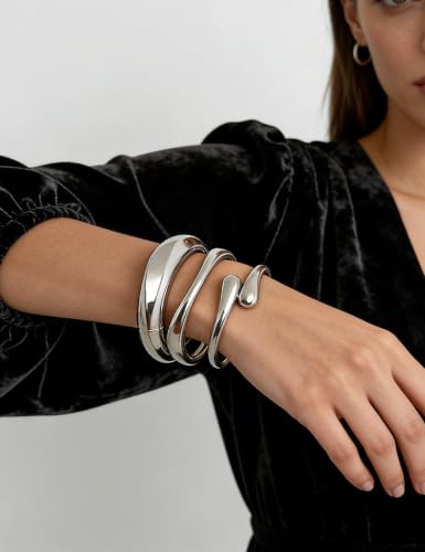 Chunky Gold Bangle Bracelets for Women, Dainty 14k Gold Plated Big Stackable Bangles Set, Trendy Statement Cuff Bracelet Stack Fashion Jewelry Gifts