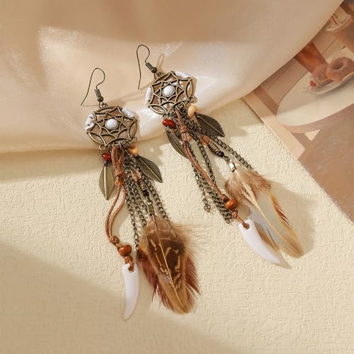 Brown Dream Catcher Feather Boho Earrings
