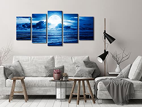 Blue Clouds 5-Piece Canvas Wall Art — Moon Sea Beach Landscape (Modern Art Deco)