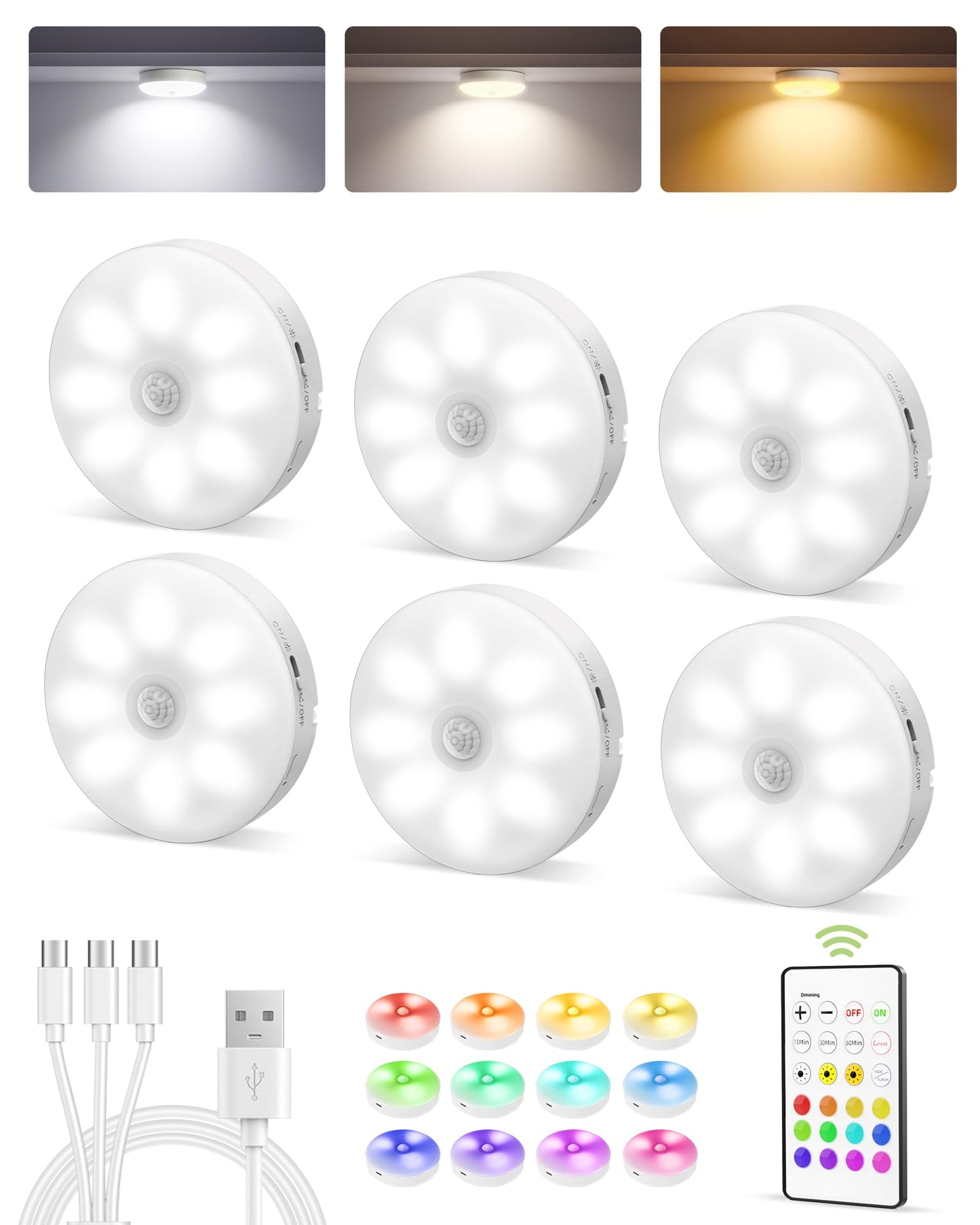 Ezvalo 6-pack Under Cabinet Lighting, Rechargeable Motion Sensor Puck LED Light for Kitchen, Home...