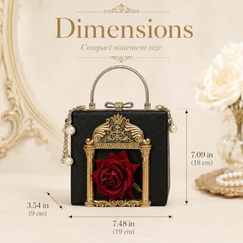 Floral Rose-Embossed Baroque Evening Clutch — Black & Gold with Pearl Chain