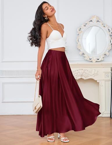 Maxi Satin Skirts for Womens High Waisted Flowy Long A line Skirt Trendy for Office Holiday Party